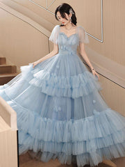 A-Line Sweetheart Neck Tulle Blue Long Prom Dresses, Blue Long Formal Dresses