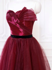 A-Line Sweetheart Neck Tulle Burgundy Long Prom Dresses, Burgundy Long Formal Dresses