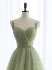 A-Line Sweetheart Neck Tulle Green Long Prom Dresses, Green Long Formal Dresses