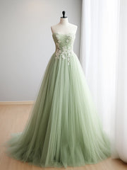 A-Line Sweetheart Neck Tulle Lace Applique Green Long Prom Dresses, Green Formal Dresses