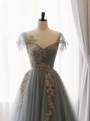 A-Line Sweetheart Neck Tulle Lace Gray Blue Long Prom Dresses, Gray Blue Formal Dresses