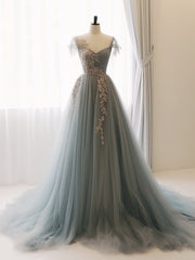 A-Line Sweetheart Neck Tulle Lace Gray Blue Long Prom Dresses, Gray Blue Formal Dresses