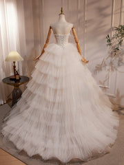 A-Line Sweetheart Neck Tulle Lace Light Champagne Long Wedding Dress with Beads