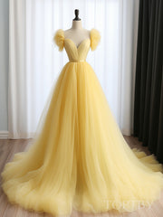 A-Line Sweetheart Neck Tulle Yellow Long Prom Dresses, Yellow Long Formal Dresses