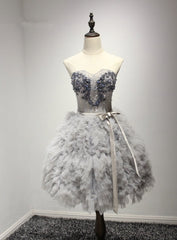 A-Line Sweetheart Short Tulle Silver Ruched Homecoming Dresses with Beading