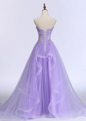 A-line Sweetheart Sleeveless Sweep Train Tulle Prom Dresses With Beading Appliqued