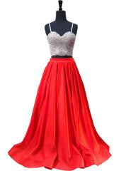 A-line Sweetheart Spaghetti Strap Satin Red Two Piece Prom Dresses