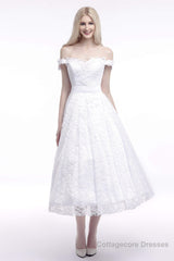 A Line Tea Length Lace Off Shoulder Mid-length Wedding Dresses