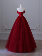 A-Line Tulle Burgundy Long Prom Dresses, Tulle Burgundy Long Formal Dresses