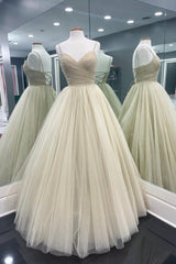 A-Line Tulle Floor Length Prom Dresses, Spaghetti Strap Evening Party Dresses