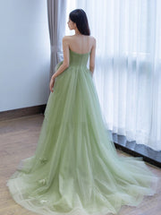 A-Line Tulle Green Long Prom Dresses, Green Long Formal Dresses