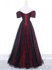 A-Line Tulle Lace Black/burgundy Long Prom Dresses, Black/Burgundy Long Formal Dresses