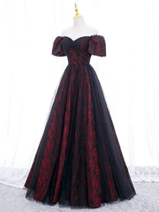 A-Line Tulle Lace Black/burgundy Long Prom Dresses, Black/Burgundy Long Formal Dresses