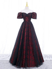 A-Line Tulle Lace Black/burgundy Long Prom Dresses, Black/Burgundy Long Formal Dresses