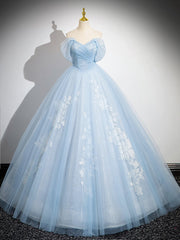 A-Line Tulle Lace Blue Long Prom Dresses, Off Shoulder Blue Long Sweet 16 Dresses