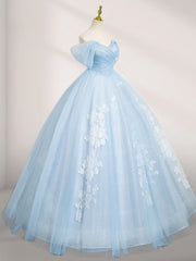 A-Line Tulle Lace Blue Long Prom Dresses Off Shoulder Sky Blue Dresses