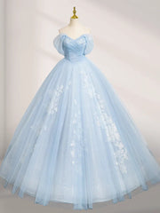 A-Line Tulle Lace Blue Long Prom Dresses Off Shoulder Sky Blue Dresses