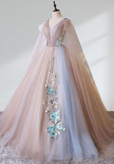 A Line Tulle Pink Embroidery Appliqued Long Prom Dresses