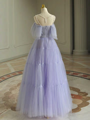 A-Line Tulle Purple Long Prom Dresses, Purple Long Graduation Dresses