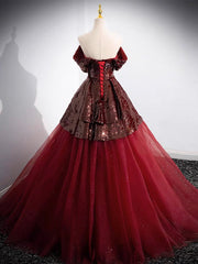 A-Line Tulle Sequin Burgundy Long Prom Dresses, Off Shoulder Burgundy Formal Dresses