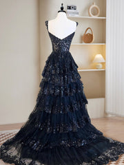 A-Line Tulle Sequin Navy Blue Long Prom Dresses, Navy Blue Sequin Long Formal Dresses