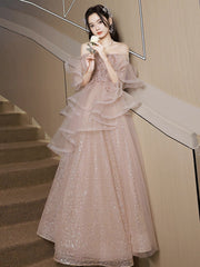 A-Line Tulle Sequin Pink Long Prom Dress, Shiny Sequin Pink Long Evening Dress