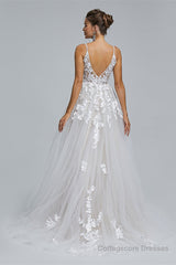 A-Line Tulle V-Neck Lace Beaded Flower Wedding Dresses