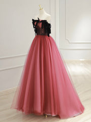 A-Line Tulle Watermelon Red Long Prom Dresses, Watermelon Red Tulle Long Formal Dresses