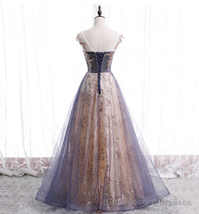 A-line Tulle with Lace Applique Party Dress, Tulle Long Prom Dress