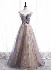 A-line Tulle with Lace Applique Party Dress, Tulle Long Prom Dress