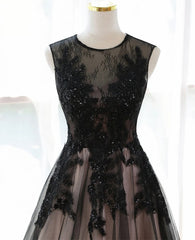 A-line Tulle with Lace Round Neckline Floor Length Party Dresses, Black Prom Dresses