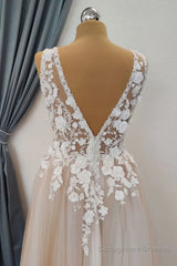 A Line V Neck Appliques Lace Prom Dress, Lace Formal Graduation Evening Dress