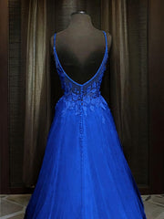 A-line V-neck Appliques Lace Sweep Train Tulle Dress