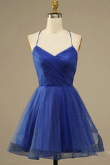 A Line V Neck Backless Blue Tulle Prom Dress, Backless Blue Homecoming Dress, Short Blue Formal Evening Dress