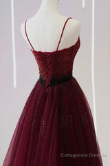 A Line V Neck Beaded Burgundy Tulle Long Prom Dress, Beaded Burgundy Formal Graduation Evening Dress