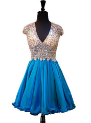 A-line V-neck Beaded Crystals Backless Blue Homecoming Dresses