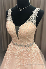 A Line V Neck Beaded Pink Lace Long Prom Dress, V Neck Pink Lace Formal Dress, Pink Lace Evening Dress