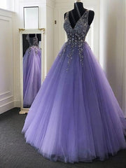 A-line V-neck Beading Floor-Length Tulle Dress