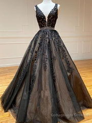 A Line V Neck Black Lace Prom Dresses, Black Lace Formal Evening Dresses