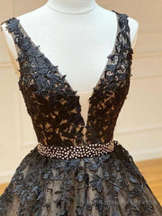 A Line V Neck Black Lace Prom Dresses, Black Lace Formal Evening Dresses