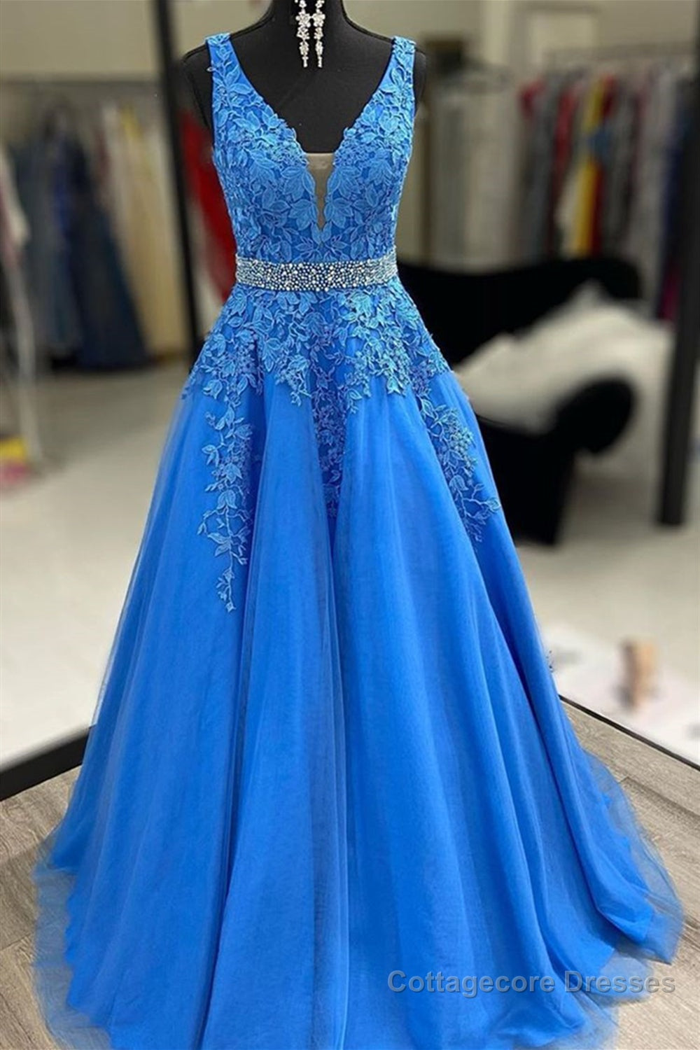 A Line V Neck Blue Lace Long Prom Dresses with Belt, Blue Lace Formal Evening Dresses