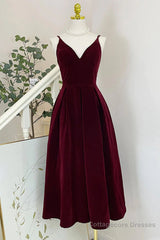 A Line V Neck Burgundy Black Tea Length Prom Dresses, Short Black Wine Red Formal Homecoming Dresses