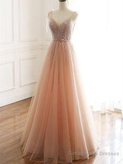 A Line V Neck Champagne Tulle Long Beaded Prom Dresses, Champagne Long Formal Evening Dresses