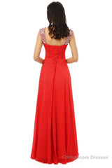 A-line V Neck Chiffon Long Red Prom Dresses