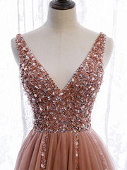 A Line V Neck Dark Pink Beaded Long Prom Dresses, V Neck Pink Long Formal Graduation Dresses