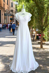 A-line V-Neck Flutter Sleeves Bridesmaid Dress Floor-Length Chiffon Wedding Dress With Ruffle