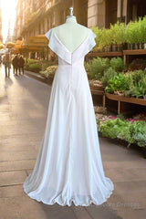 A-line V-Neck Flutter Sleeves Bridesmaid Dress Floor-Length Chiffon Wedding Dress With Ruffle