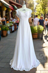 A-line V-Neck Flutter Sleeves Bridesmaid Dress Floor-Length Chiffon Wedding Dress With Ruffle