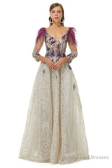 A-Line V-Neck Lace Floor-Length Long Sleeve Open Back Beading Prom Dresses