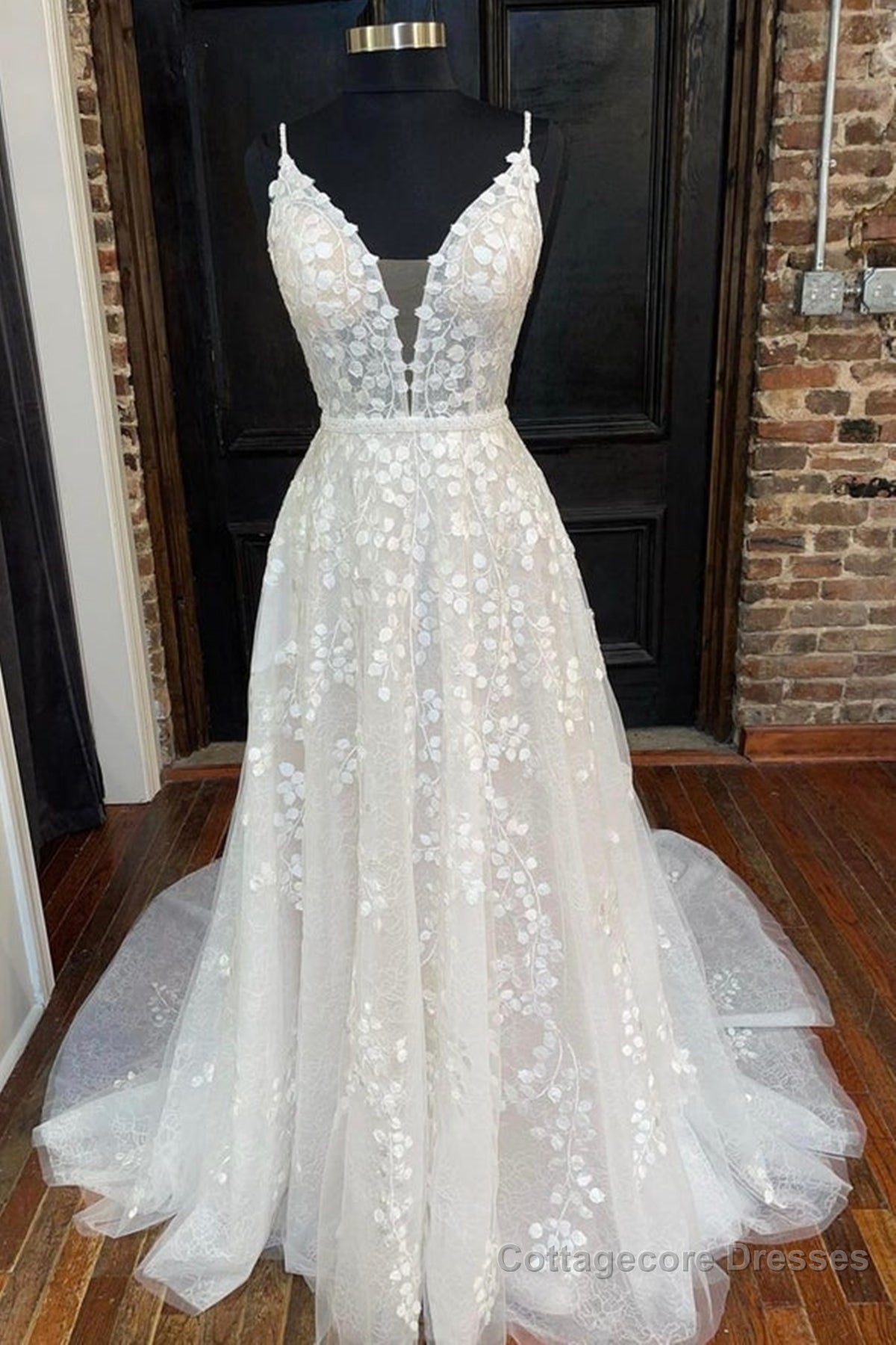 A Line V Neck Open Back White Lace Long Prom Dress, V Neck White Lace Formal Dress, White Lace Evening Dress